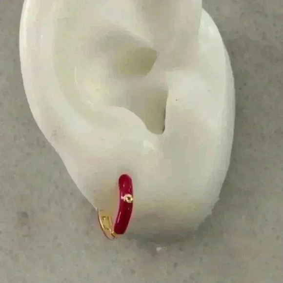 18K Gold Pink Bamboo Huggie Hoop Earrings Brand New - Picture 1 of 4